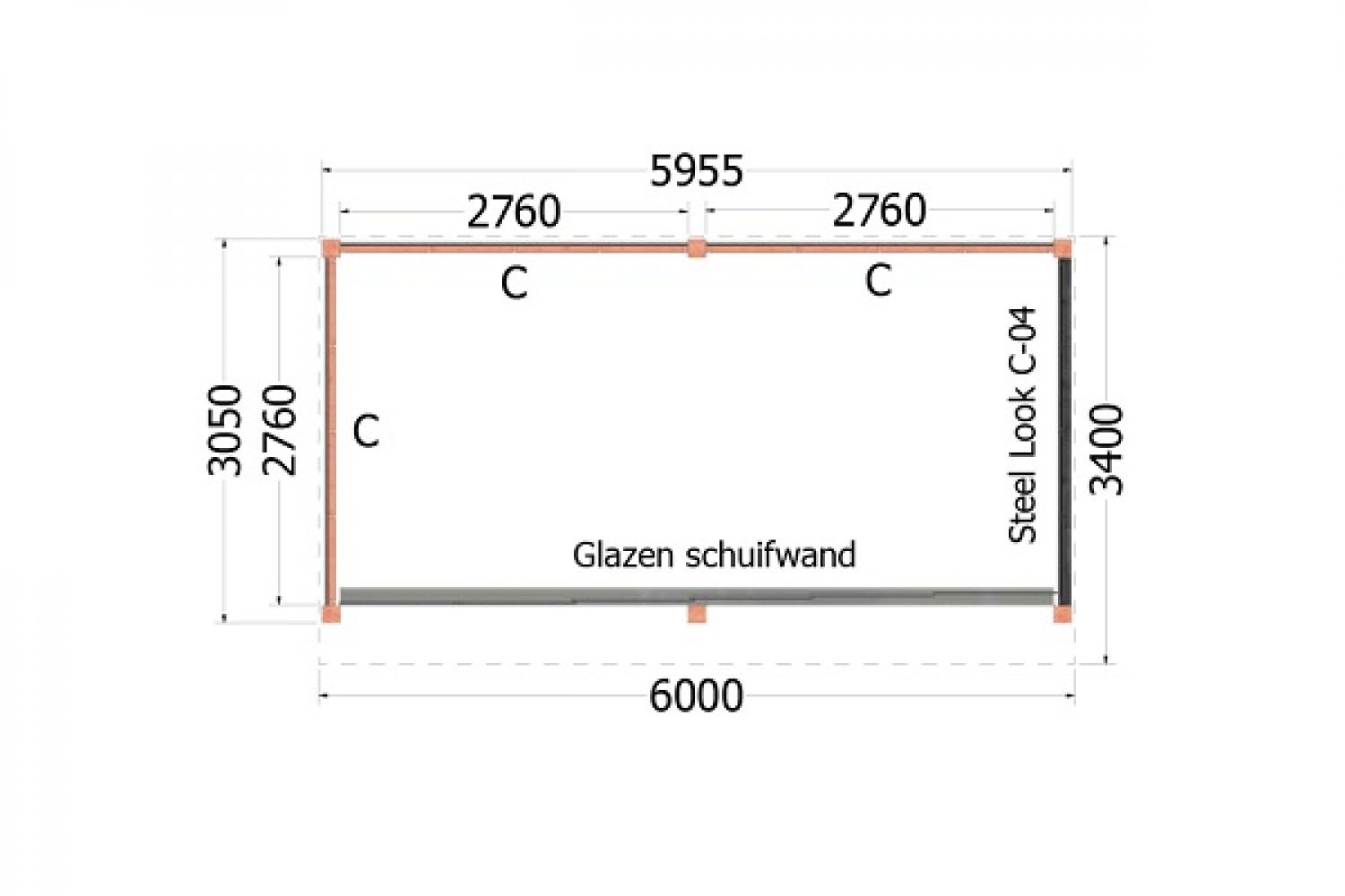 Buitenverblijf Refter XL - 600x340 cm - plattegrond