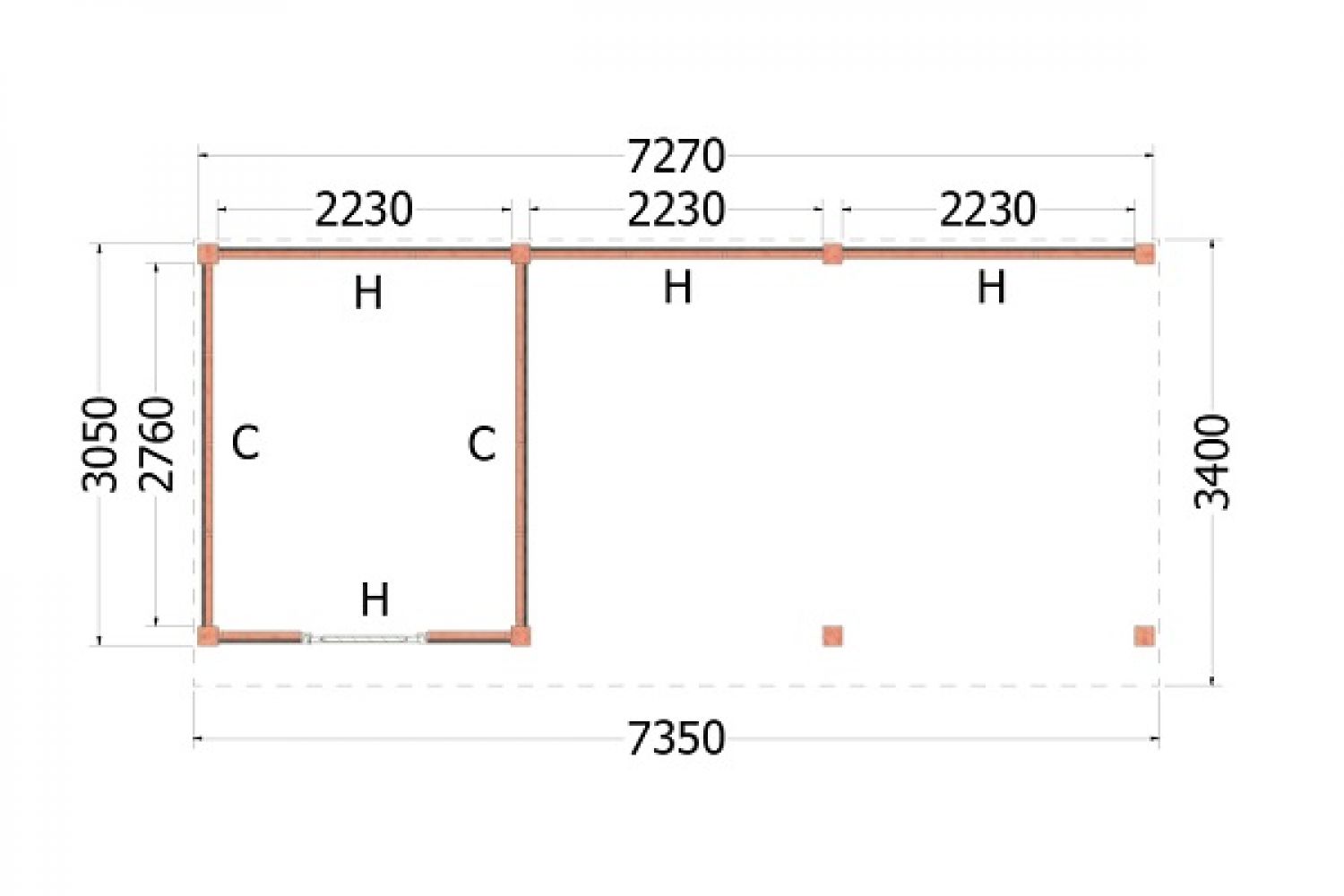 Buitenverblijf Refter XL 300 - 735 x 400 cm - plattegrond