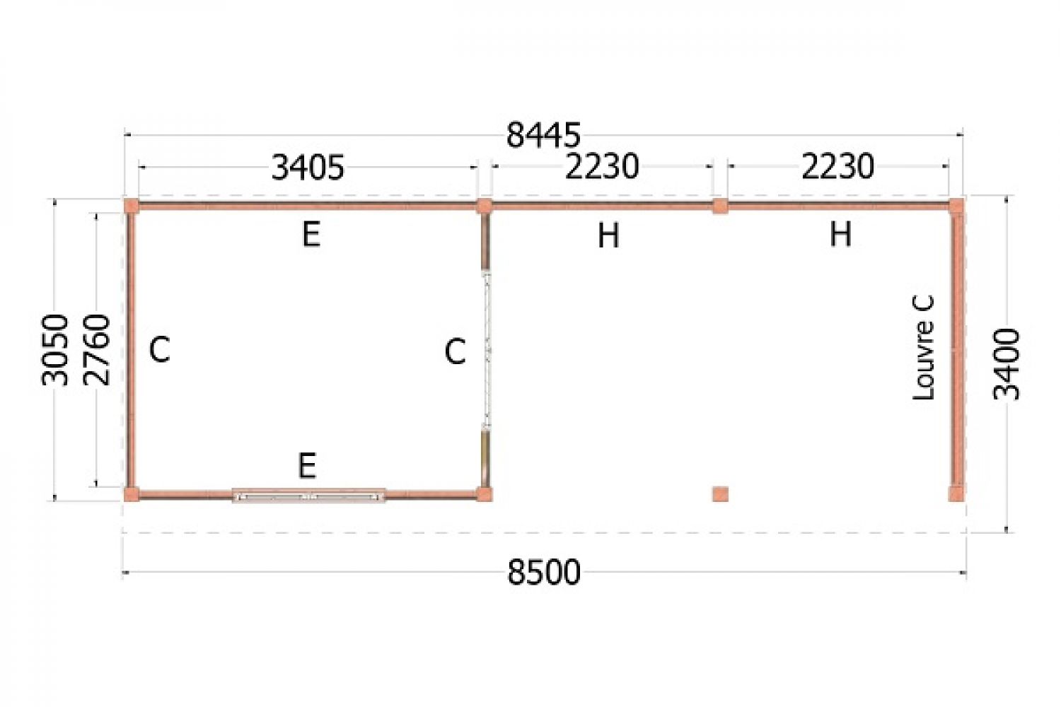 Buitenverblijf Refter XL - 850x340 cm - plattegrond