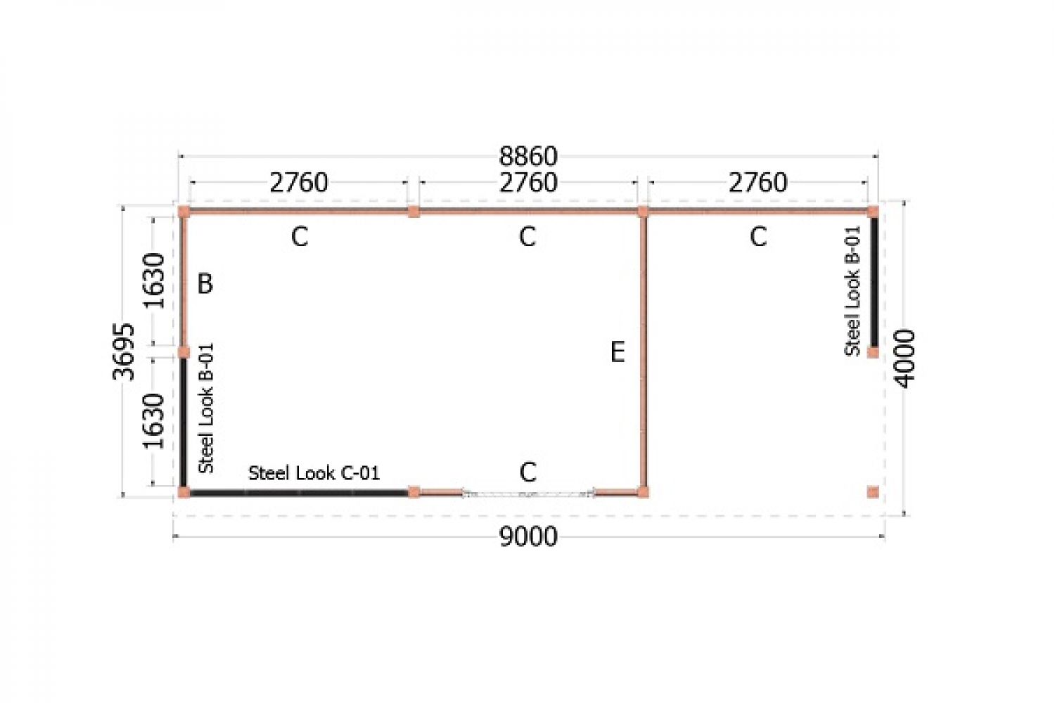 Buitenverblijf Refter XL 900x400 cm plattegrond