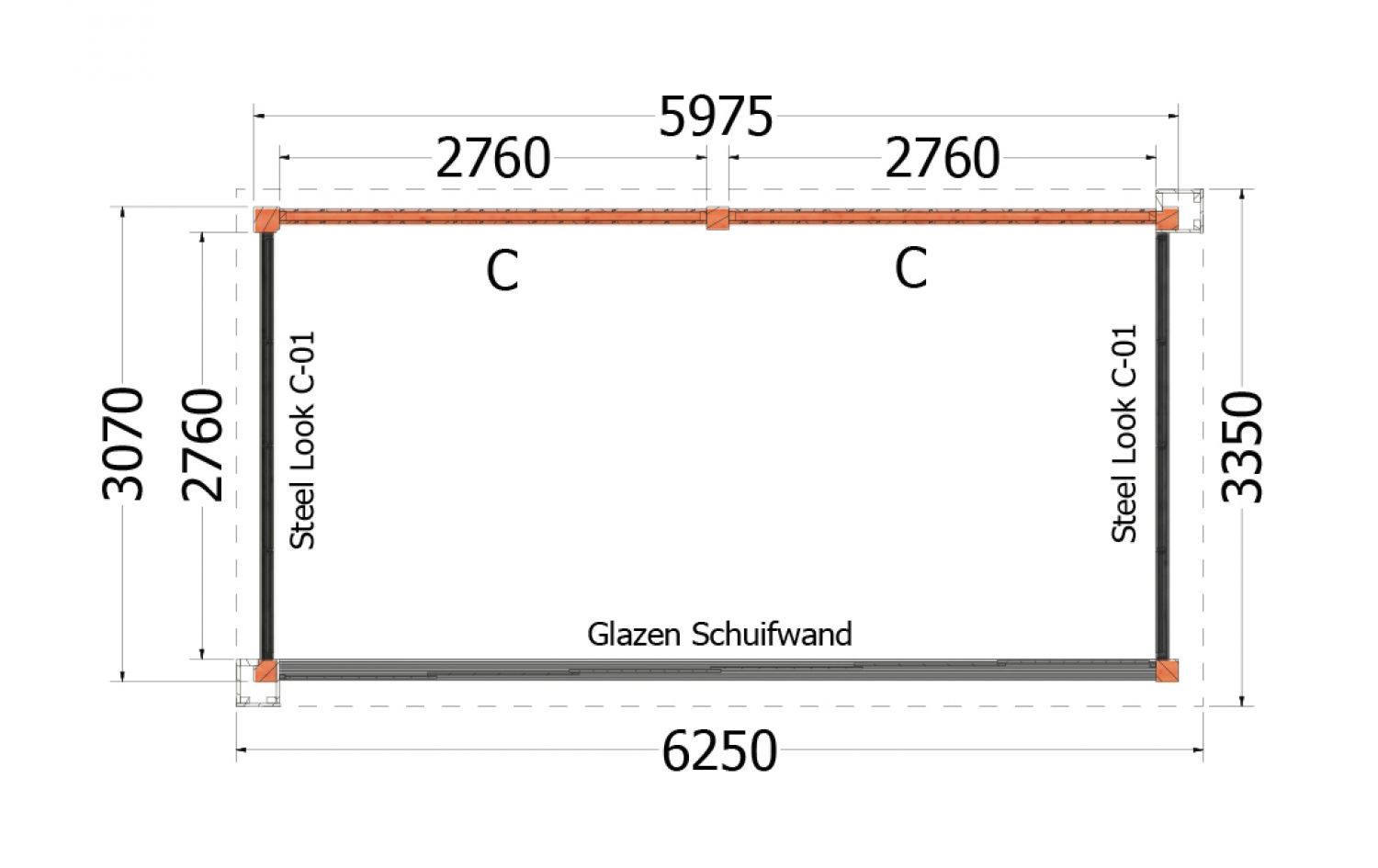 Buitenverblijf Verona 625x335 cm - Plat dak model links - combinatie 1 - plattegrond