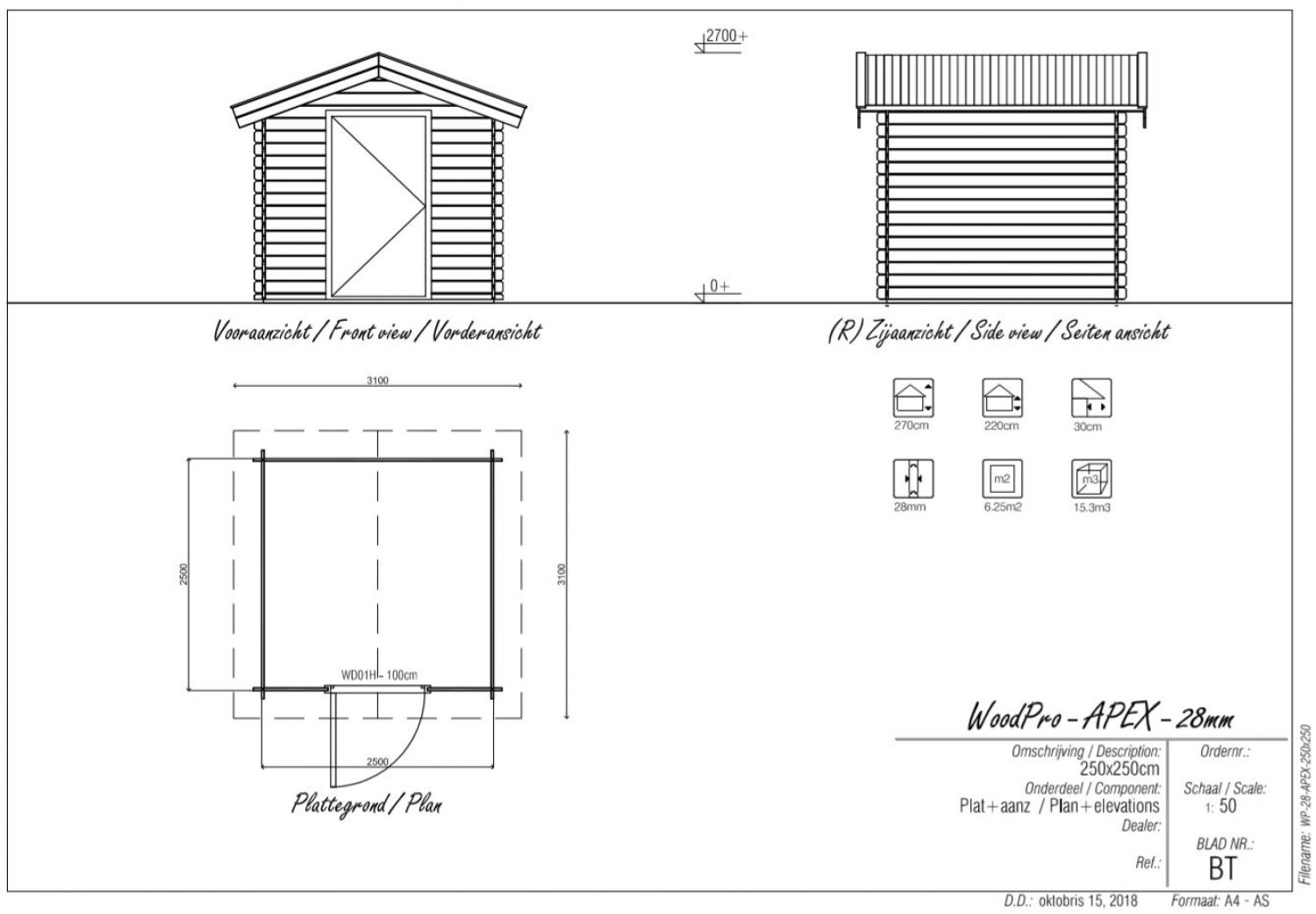 Blokhut/Tuinhuis Californië 250x250 cm - Plattegrond