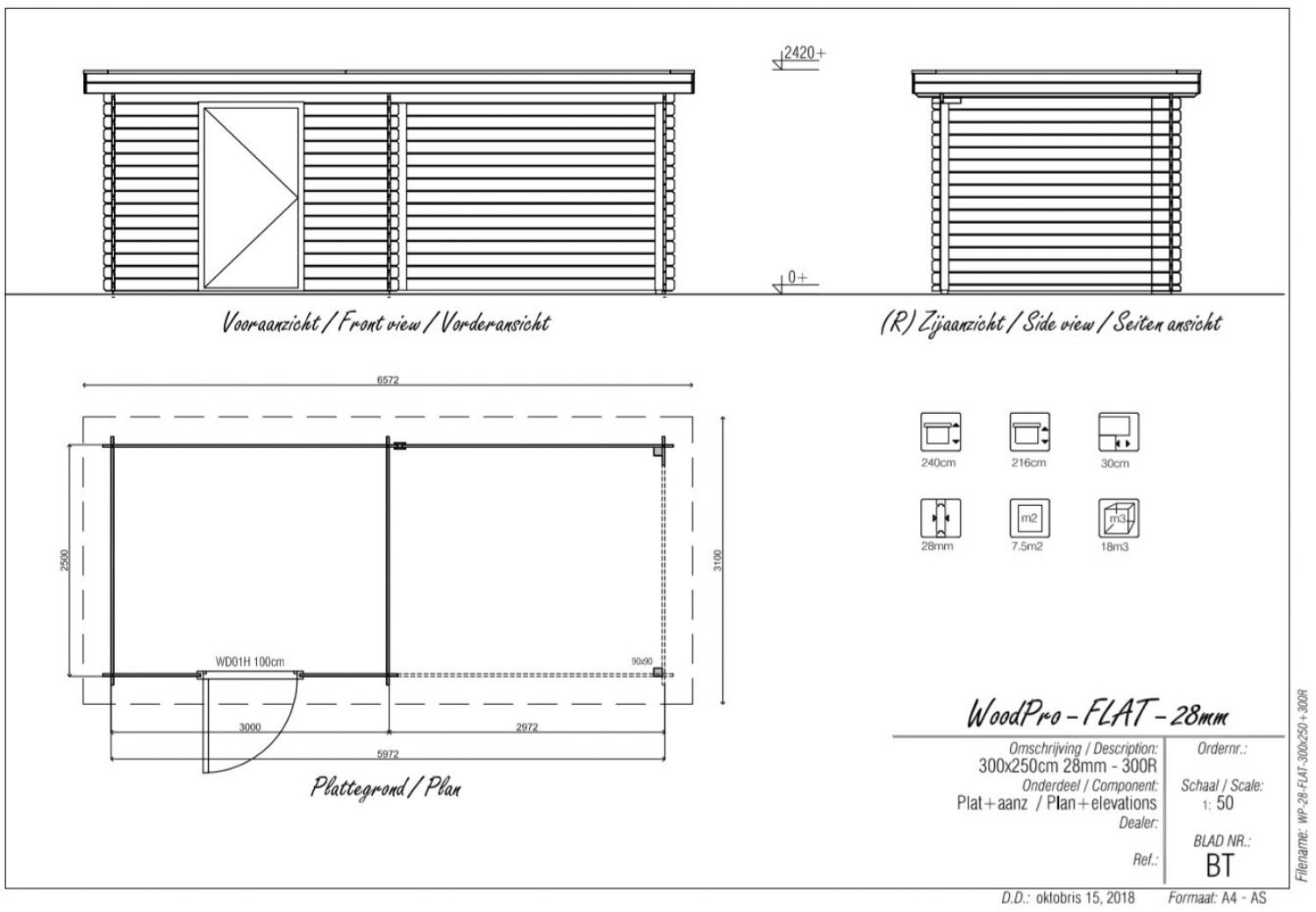 Blokhut/Tuinhuis Delft 600x250 cm - plattegrond