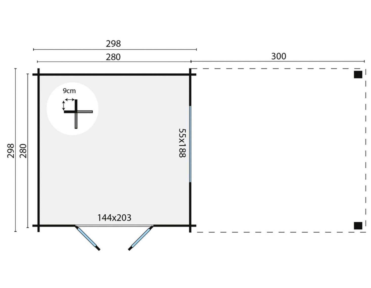 Blokhut Dellinger 300x300 cm + zijluifel 300 cm - Groen geïmpregneerd