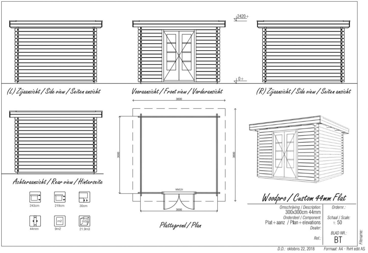 Blokhut/Tuinhuis Hoorn 300x300 cm - Plattegrond