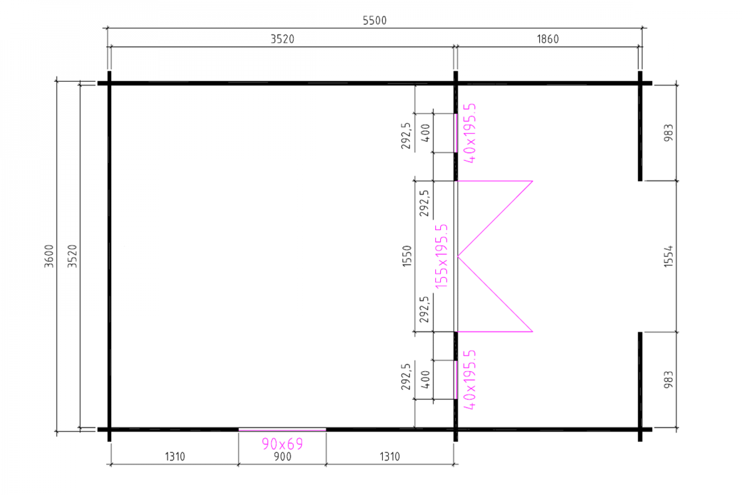 Blokhut 3838L 380x380 cm + voorluifel 200 cm - geïmpregneerd