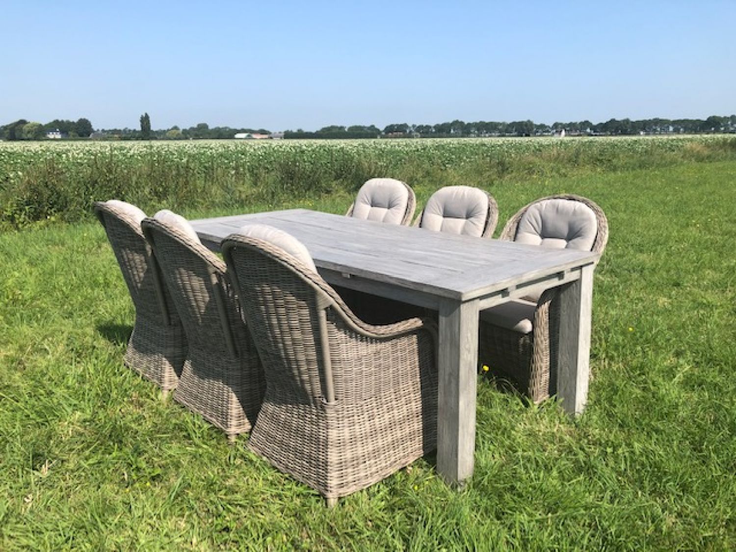 SenS-Line Parma teakset grijs - Grijze Teaktafel + 6 wicker stoelen - Hoofddorp