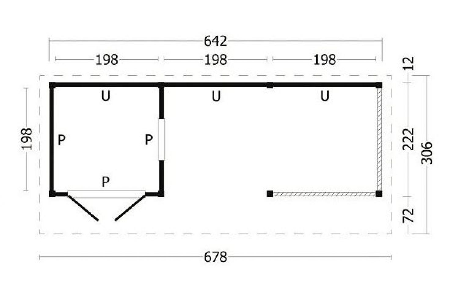 Lariks/Douglas Kapschuur Bergen L type 8 678x306 cm plattegrond