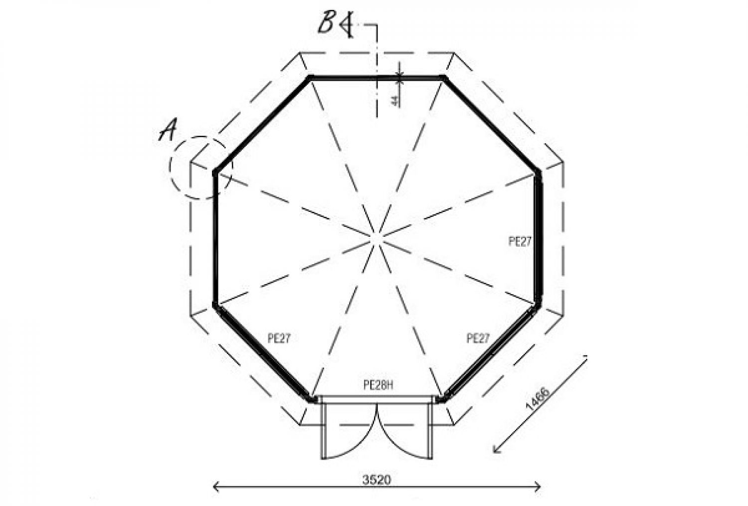 Blokhut 8-Kant Prima Sanne P895 - Ø 350 cm plattegrond