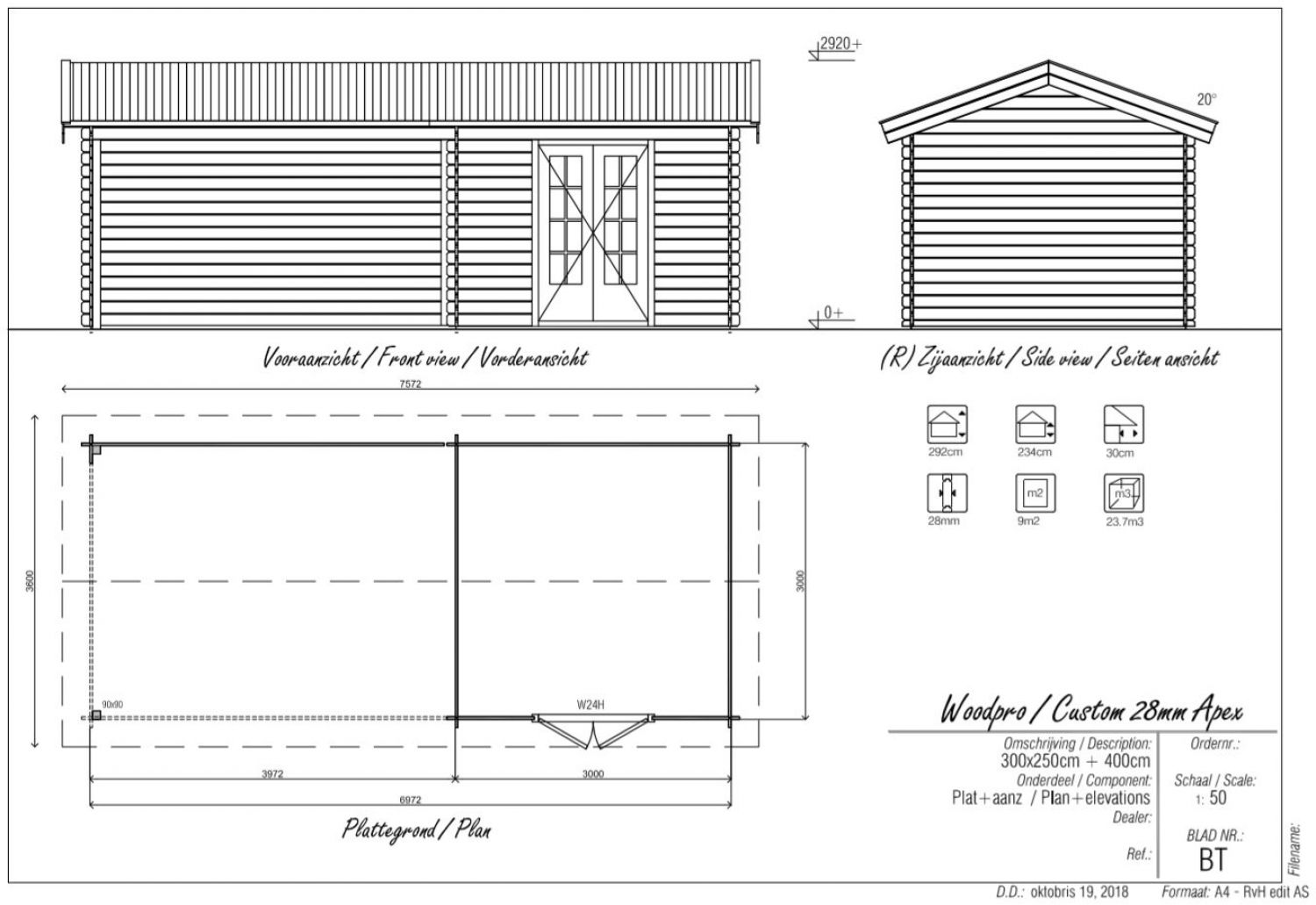 Blokhut/Tuinhuis Limmen 700x300 cm - Plattegrond