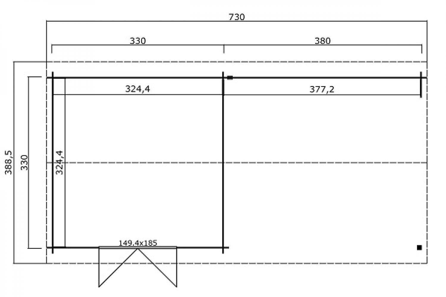 Blokhut Madita groen geïmpregneerd 730x350 cm plattegrond