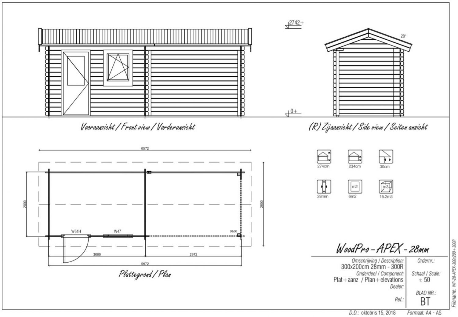 Blokhut/Tuinhuis Malland 600x200 cm - Plattegrond