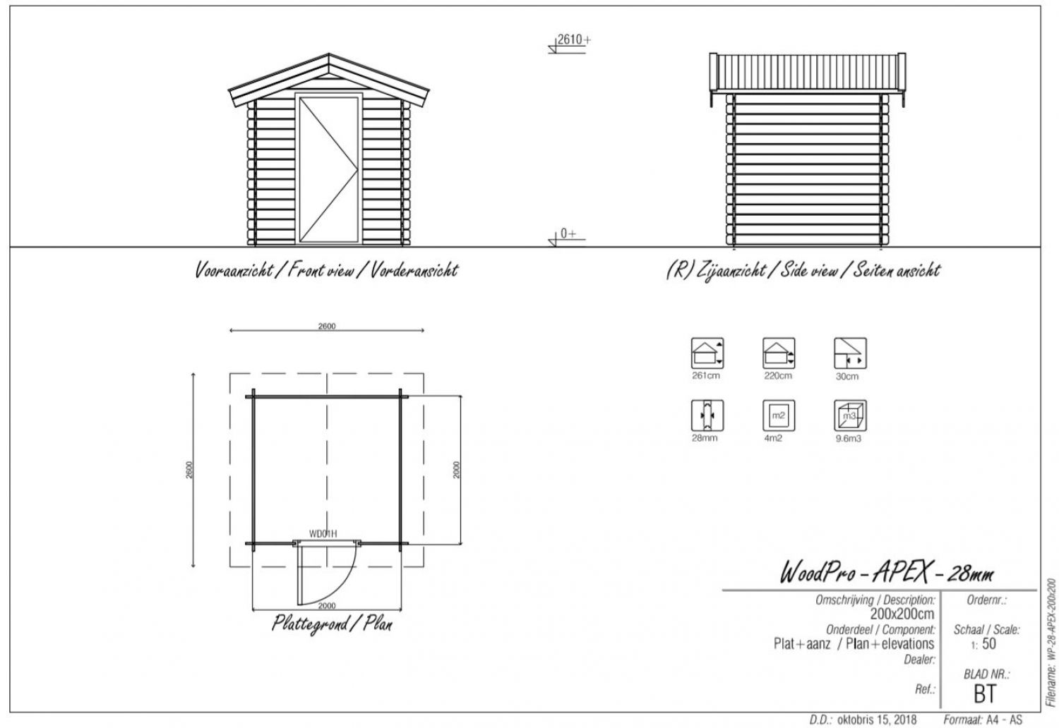 Blokhut/Tuinhuis Maren 200x200 cm - Plattegrond