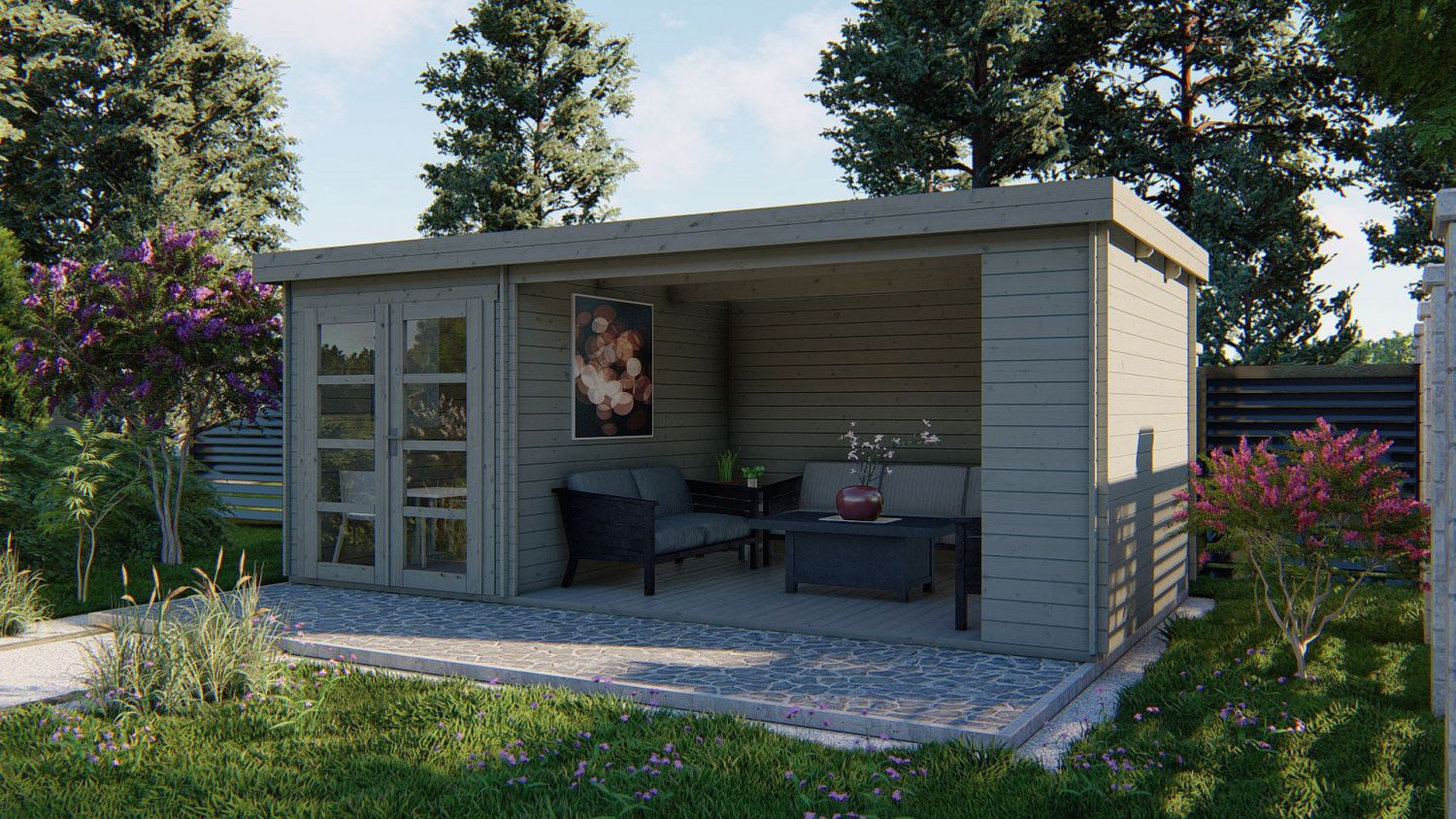 Blokhut Megamodern 200x300 cm + zijluifel 375 cm - Groen geïmpregneerd