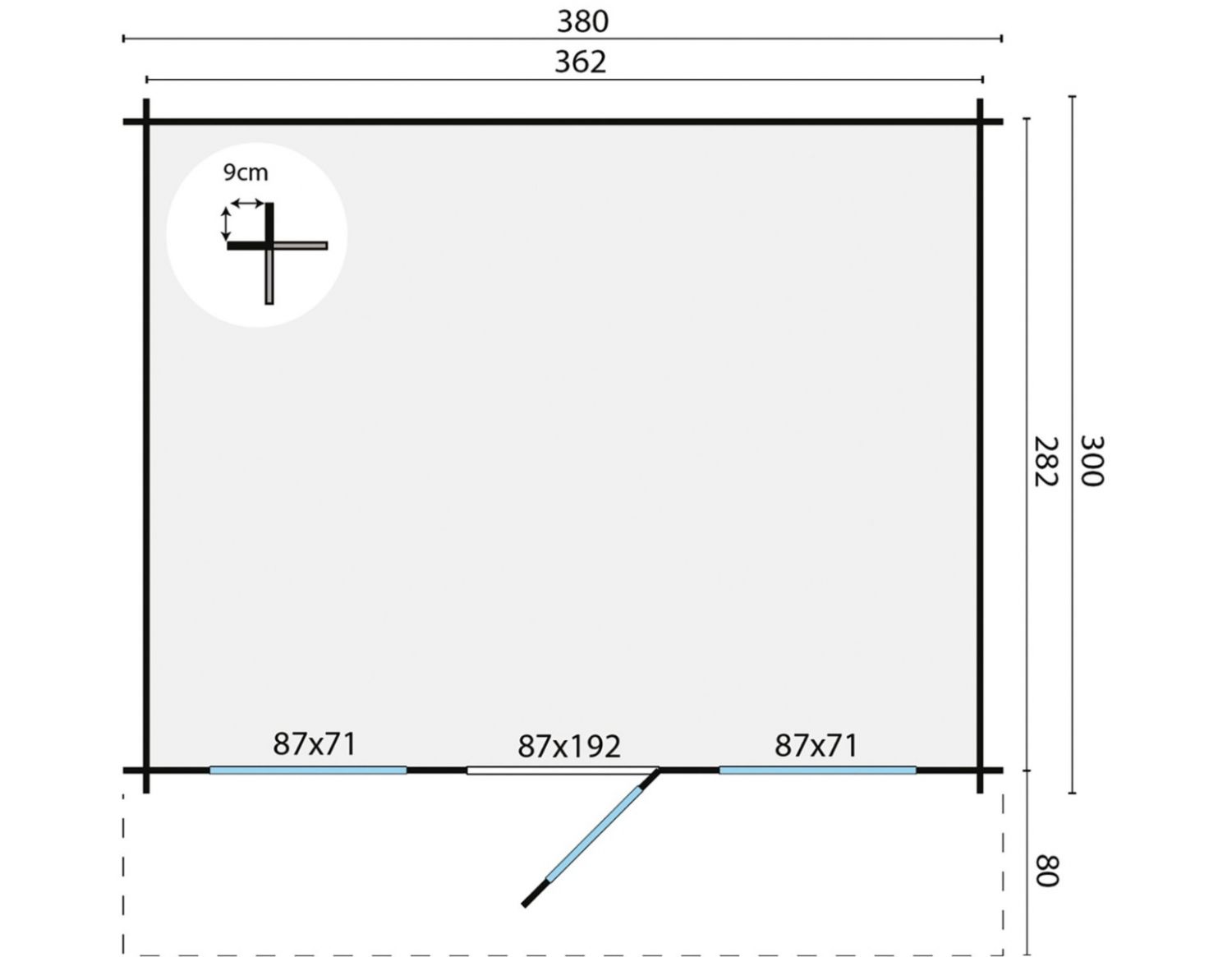 Blokhut Mika 380x300 cm + luifel 80 cm - Grijs geïmpregneerd