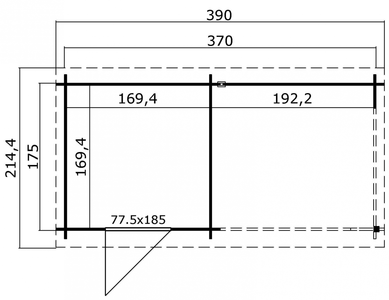 Blokhut Jelle 370x175 cm - Platinum Grey-Wit gecoat plattegrond