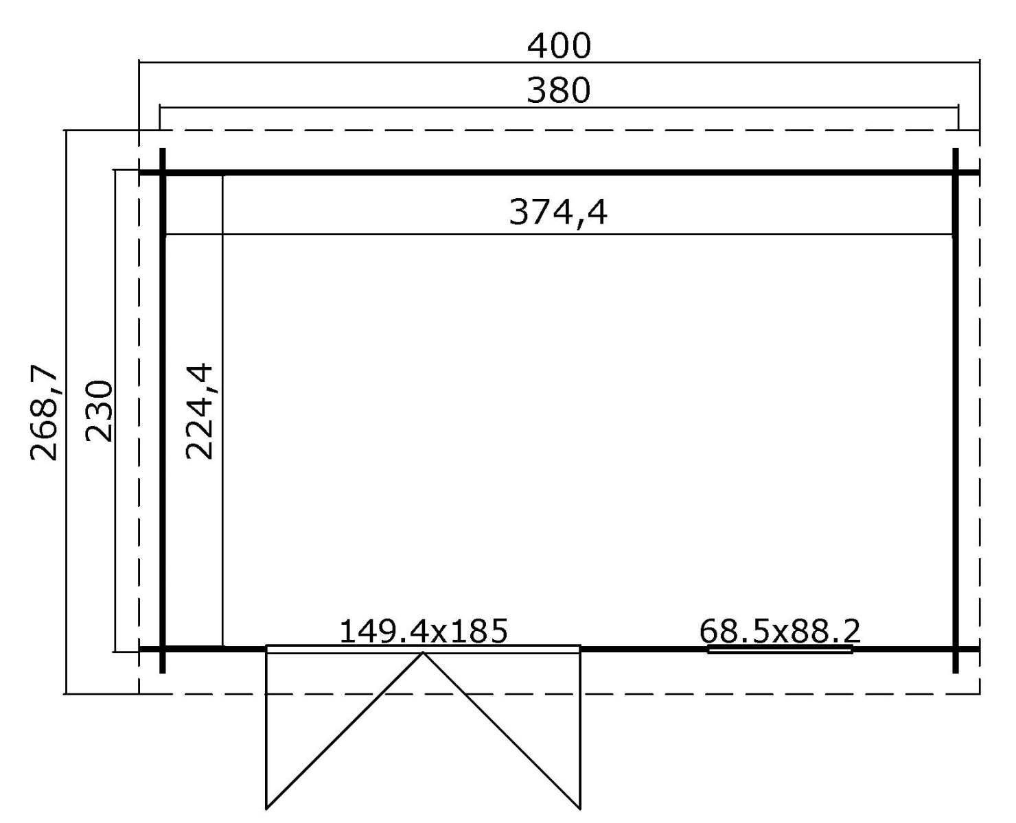 Blokhut Amira 380x230 cm - Carbon Grey-Wit gecoat plattegrond