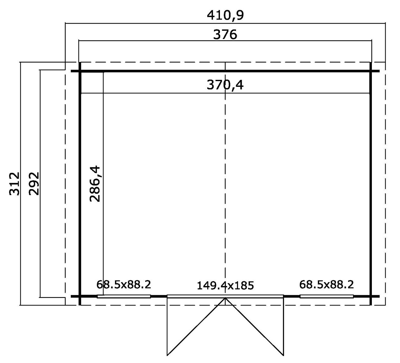 Blokhut Dallas 376x292 cm - Platinum Grey-Wit gecoat plattegrond