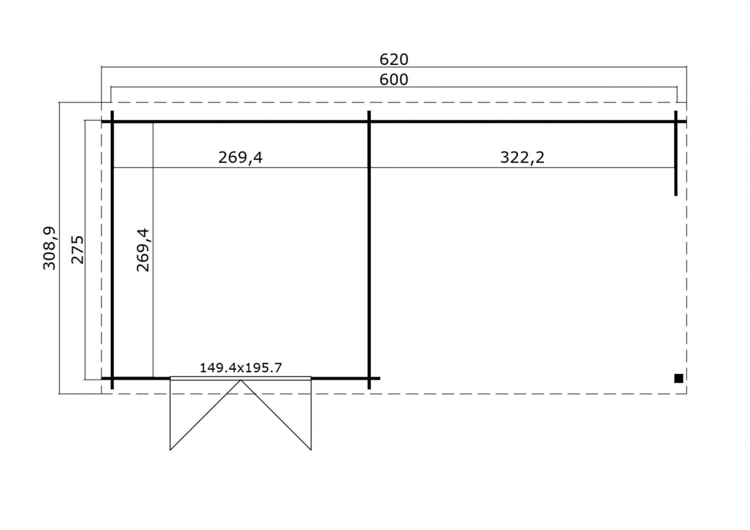 Blokhut Manuel 600x275 cm plattegrond