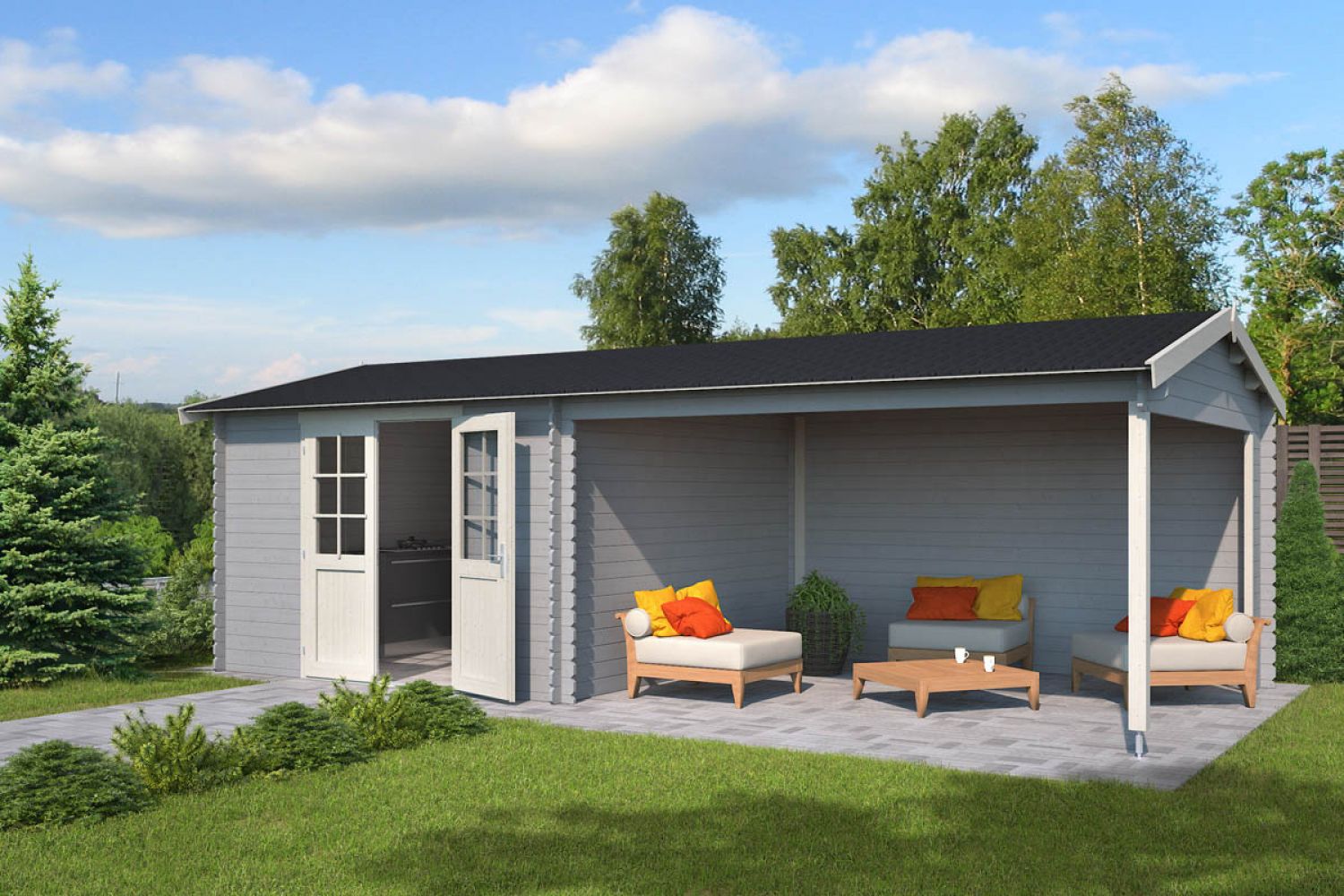 Blokhut Madita 710x330 cm - Platinum Grey-Wit gecoat main