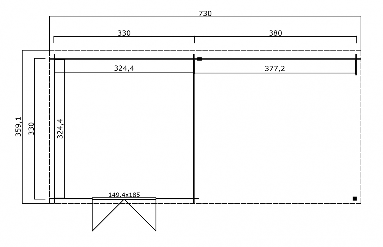 Blokhut Olenka 710x330 cm - Carbon Grey-Wit gecoat plattegrond