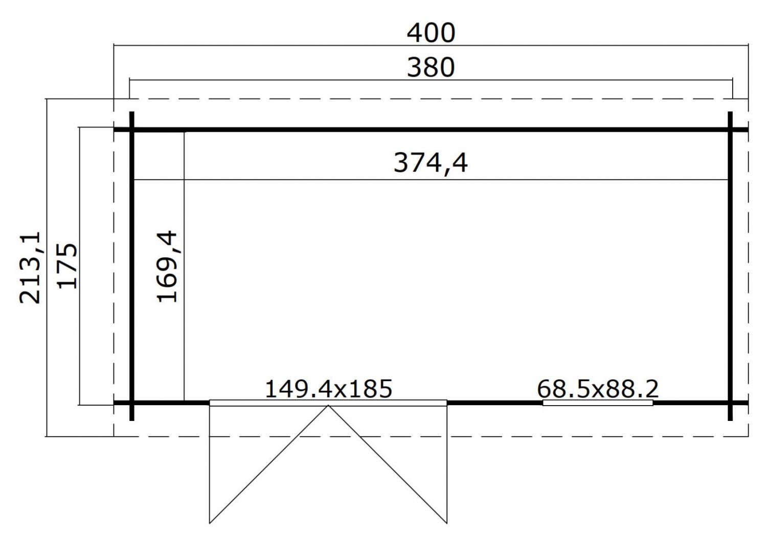 Blokhut Amira 380x175 cm - Carbon Grey-Wit gecoat plattegrond