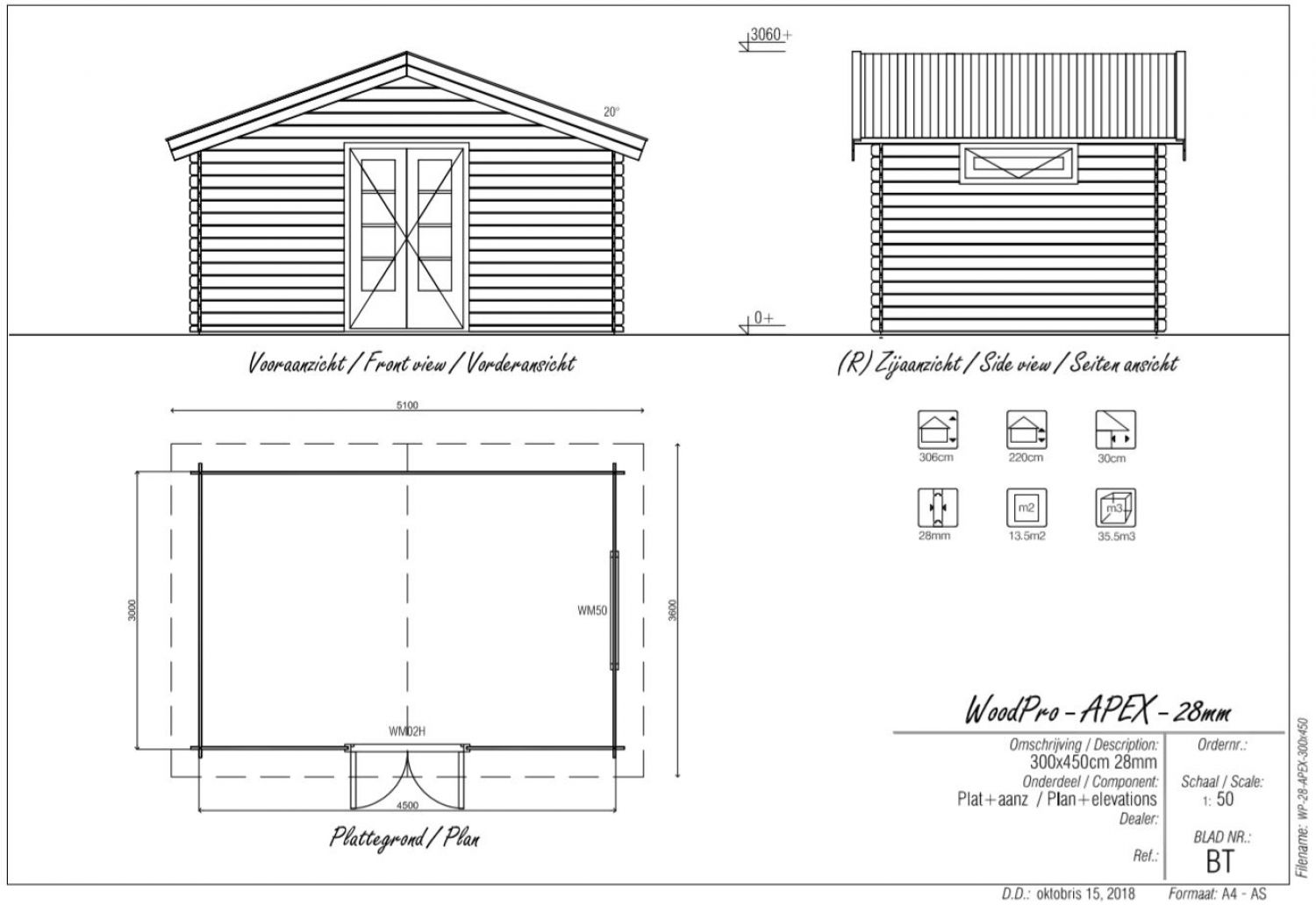 Blokhut/Tuinhuis Oetelaar 450x300 cm - Plattegrond