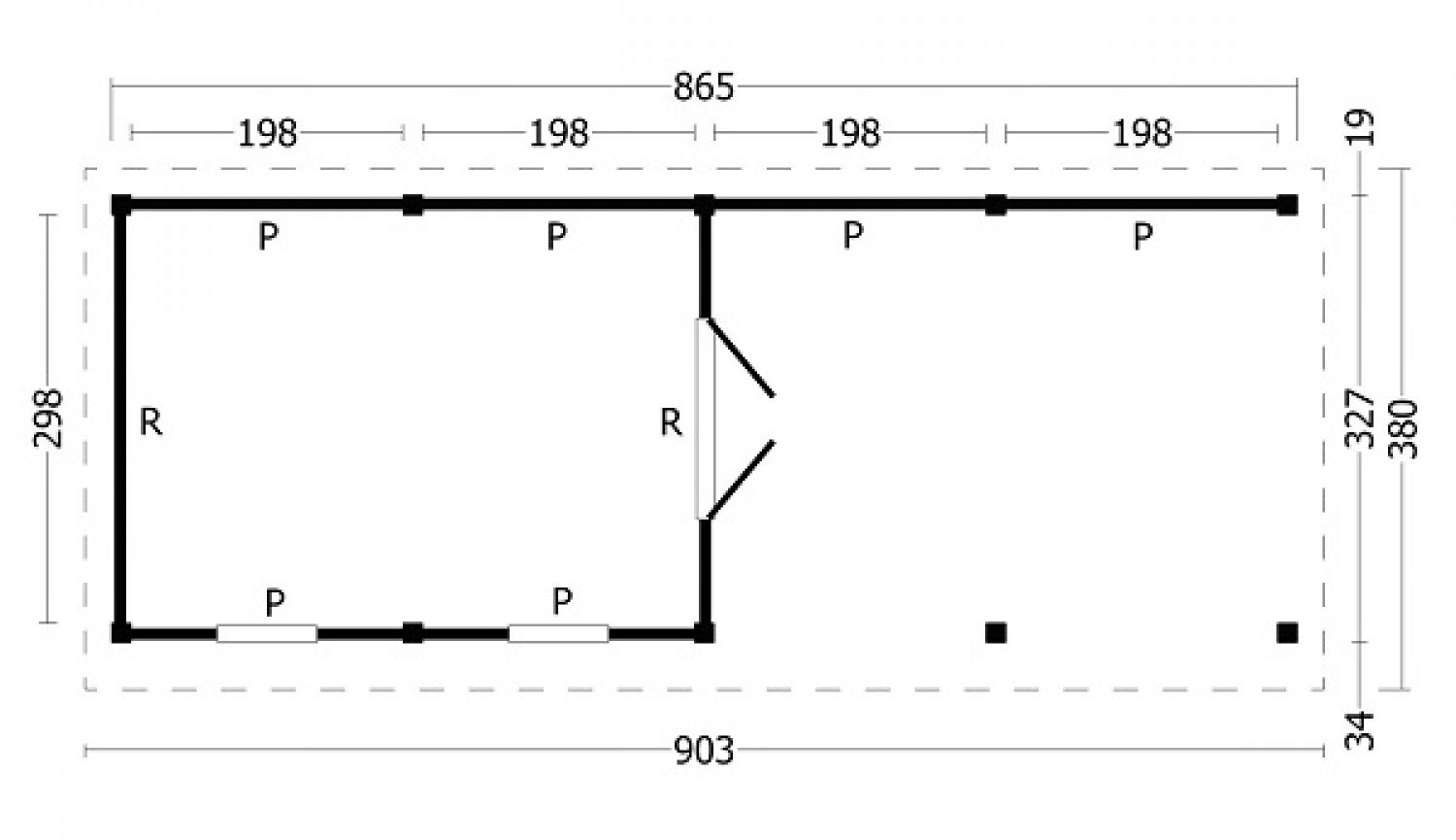 Overkapping Oslo L type 11 zwart 903x380 cm plattegrond