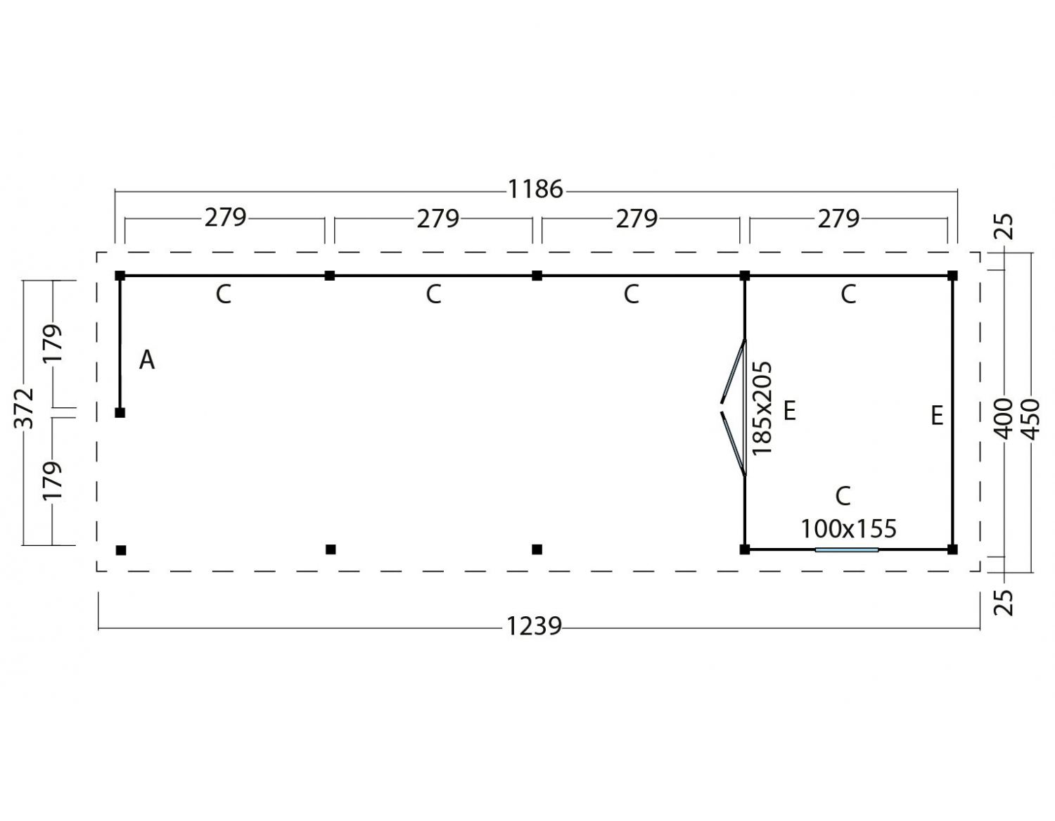 Overkapping plat dak Red Class Wood Odense type 11 XXL 1235x450 cm - Zwarte wanden