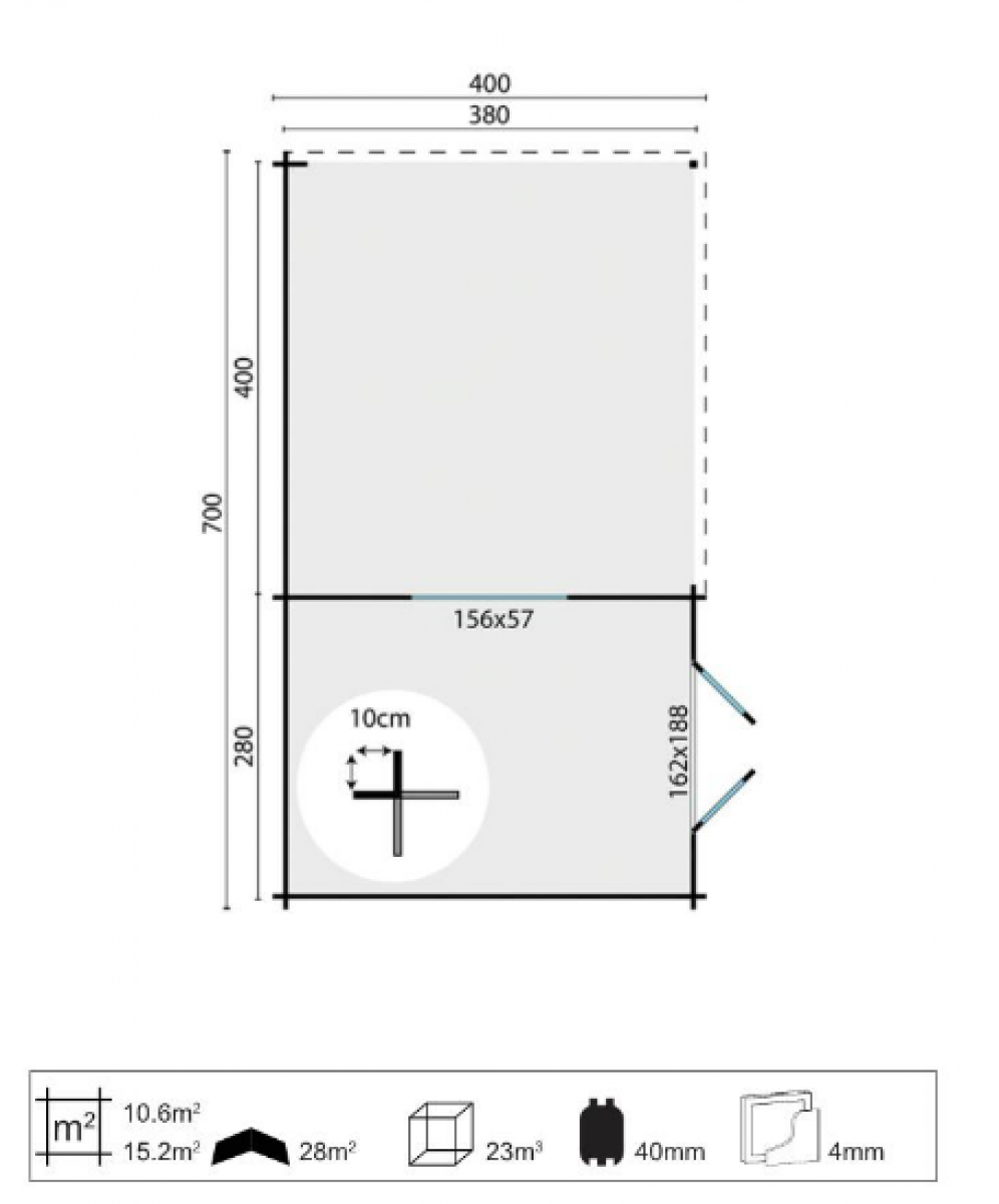 Blokhut Anton 300x400 cm + luifel 400 cm plattegrond