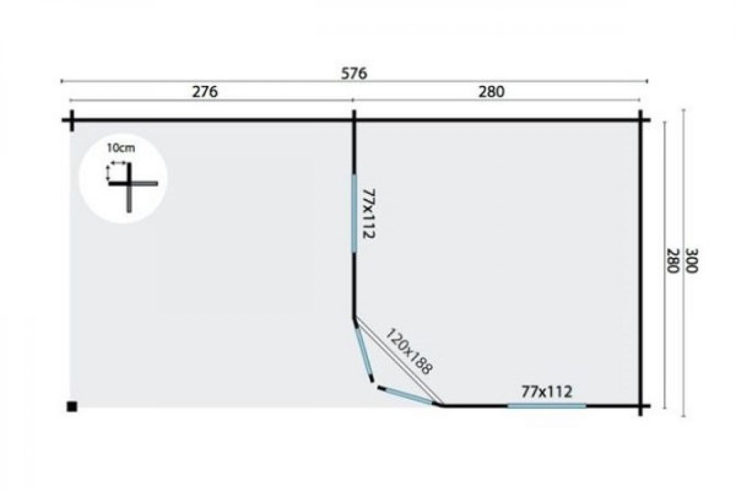 Blokhut Jannie 300x300 cm + zijluifel 275 cm - plattegrond