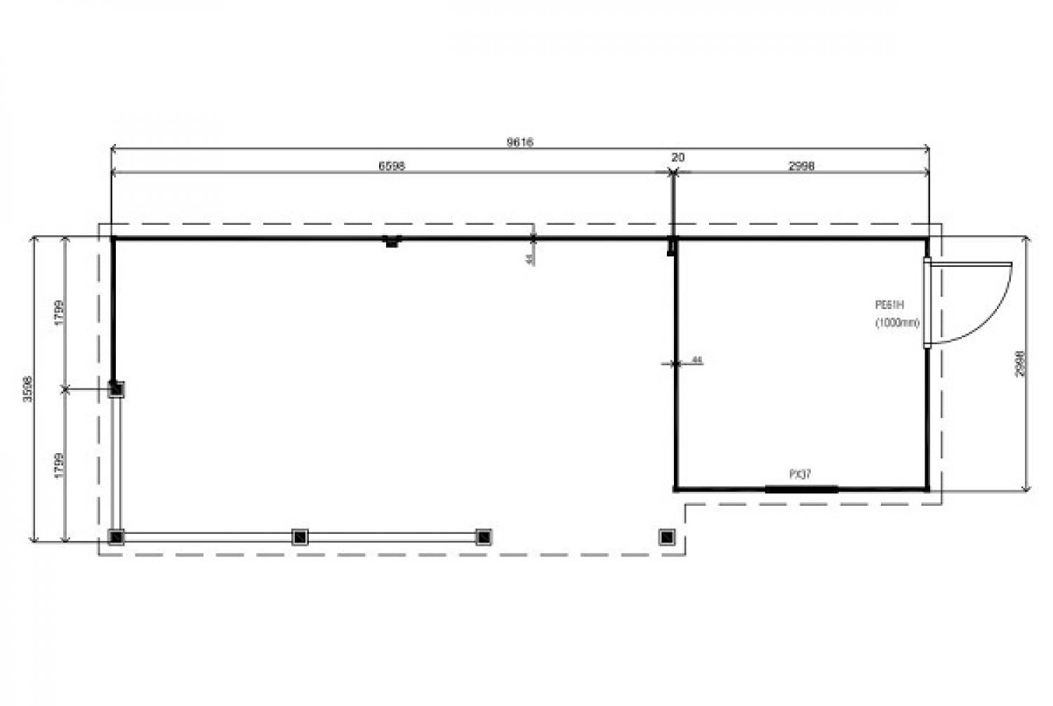 Lugarde Tuinhuis TP53o 960x360 cm - 44 mm - plattegrond