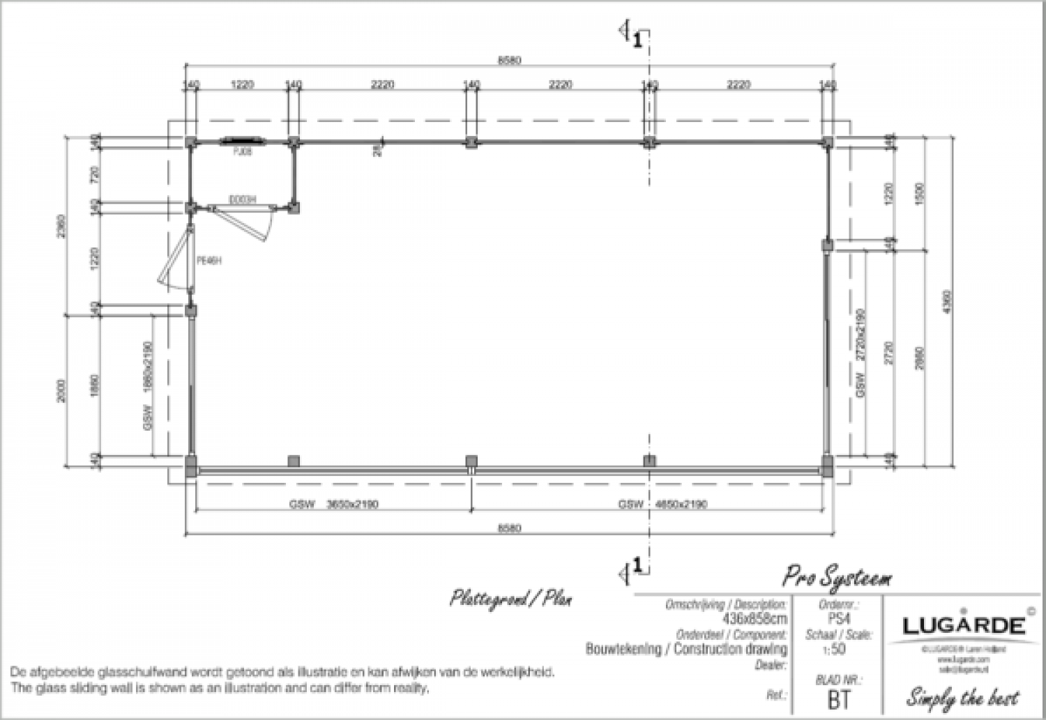 Lugarde Tuinhuis PS4 858x436 cm - 28 mm - plattegrond