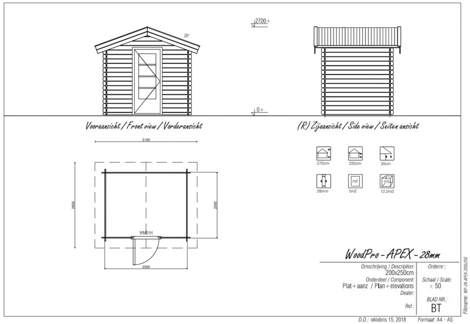 Blokhut/Tuinhuis Rossum 250x200 cm - Plattegrond