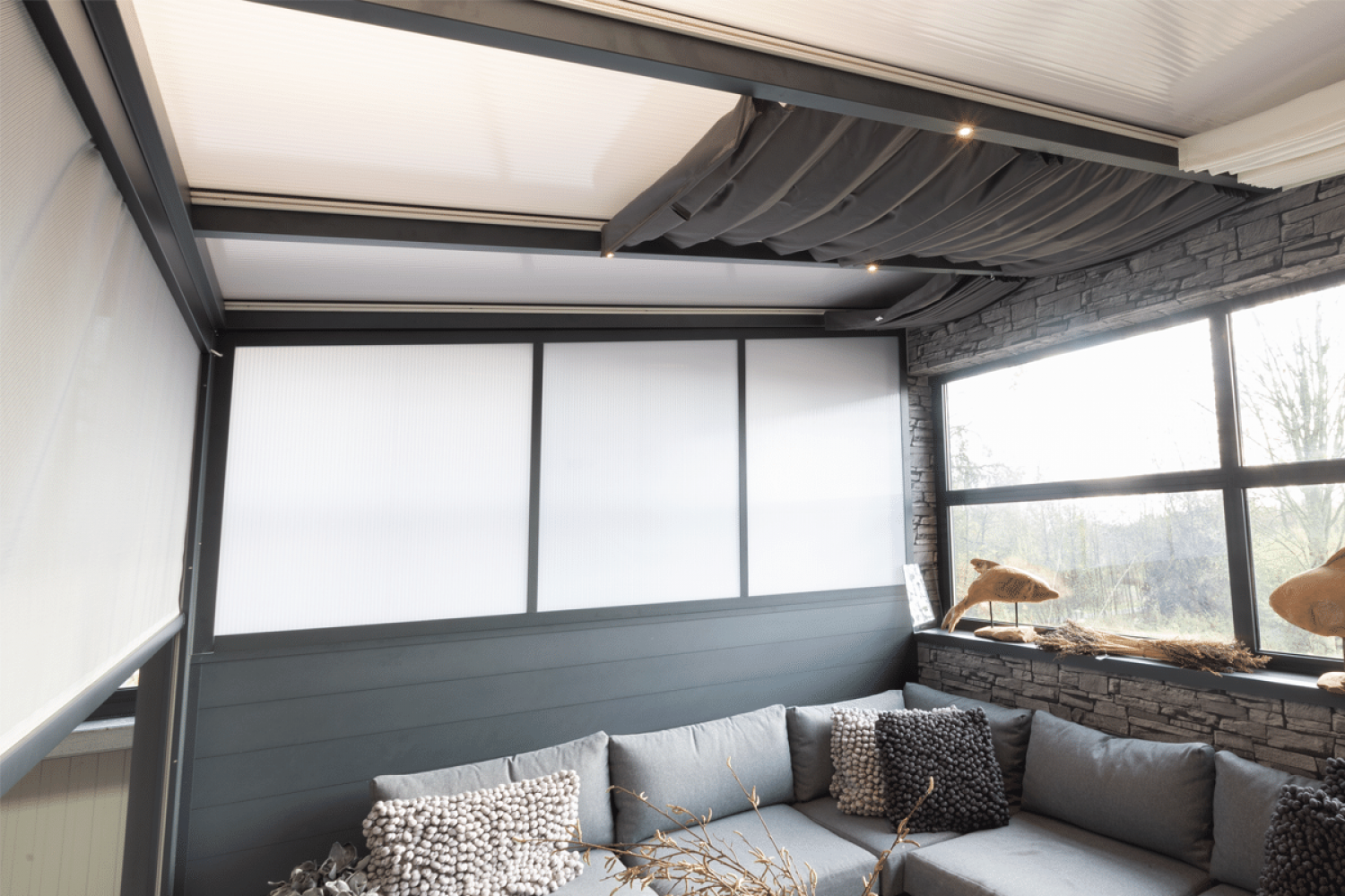 Profiline veranda 600x300 cm - Opaal polycarbonaat dak -  Antraciet structuur - Inclusief zijwand, spotset en zonnedoekpakket! - Velp