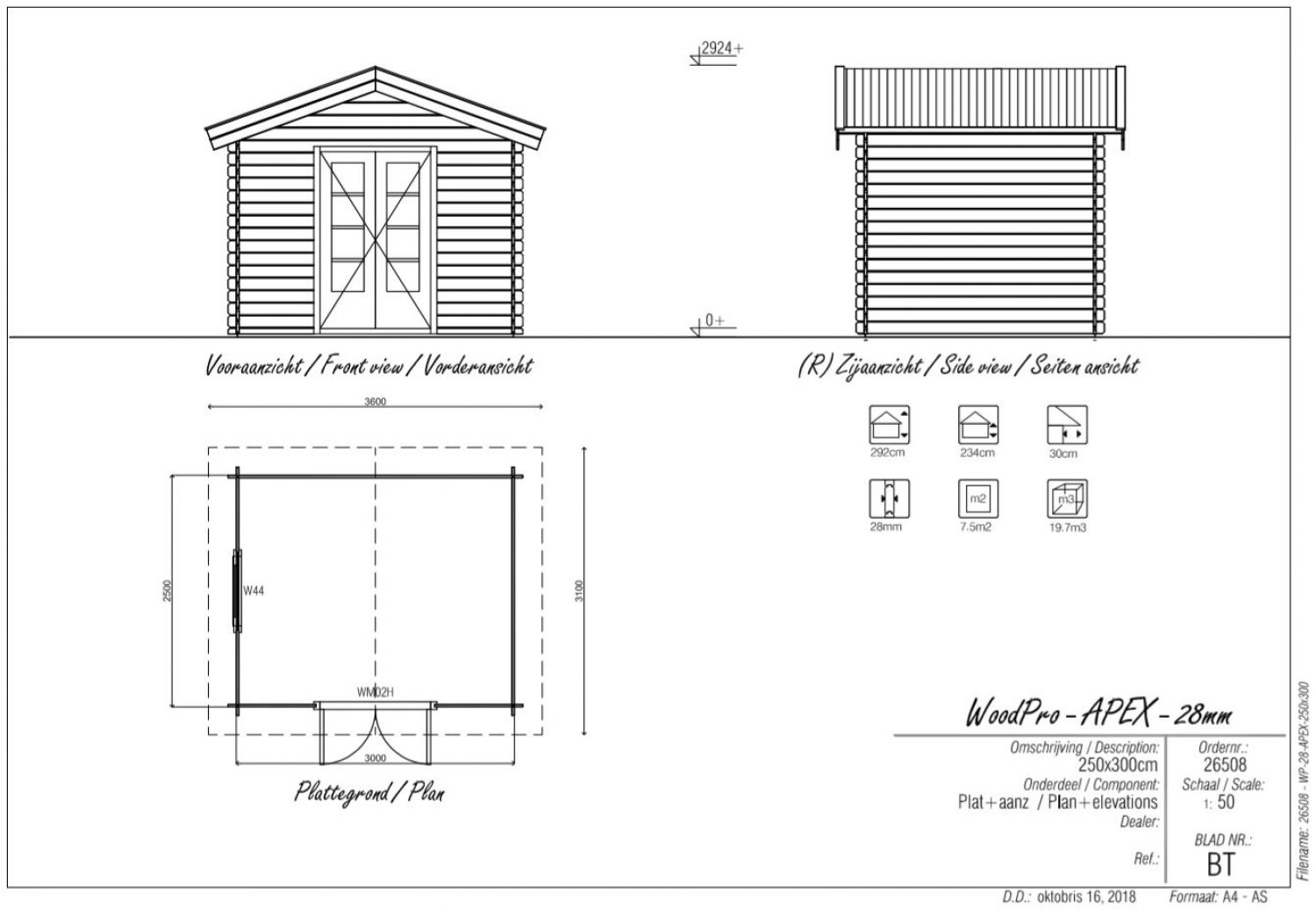 Blokhut/Tuinhuis Wamel 300x250 cm - Plattegrond