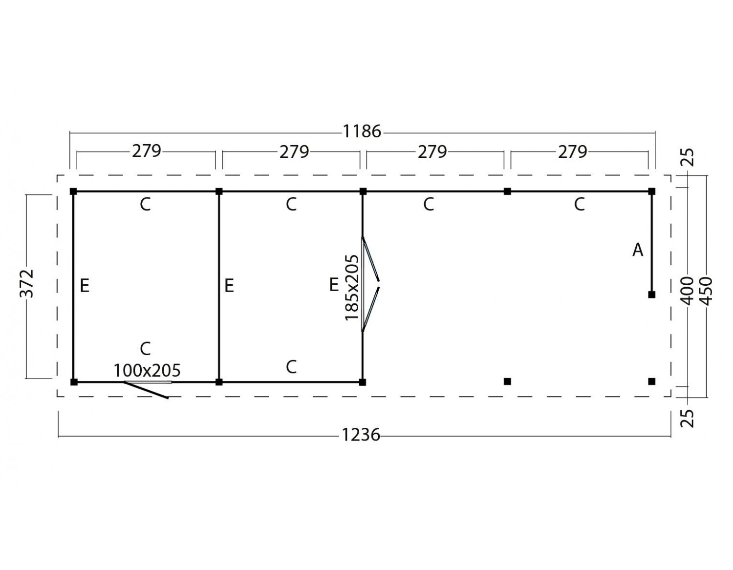 Overkapping plat dak Red Class Wood Odense type 12 XXL 1236 x 450 - zwarte wanden