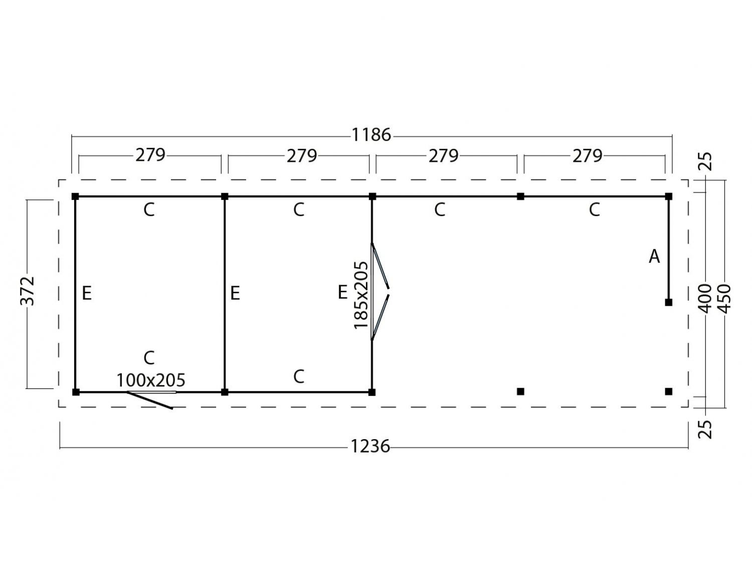 Overkapping plat dak Red Class Wood Odense type 12 XXL 1236x450 cm - zwarte wanden