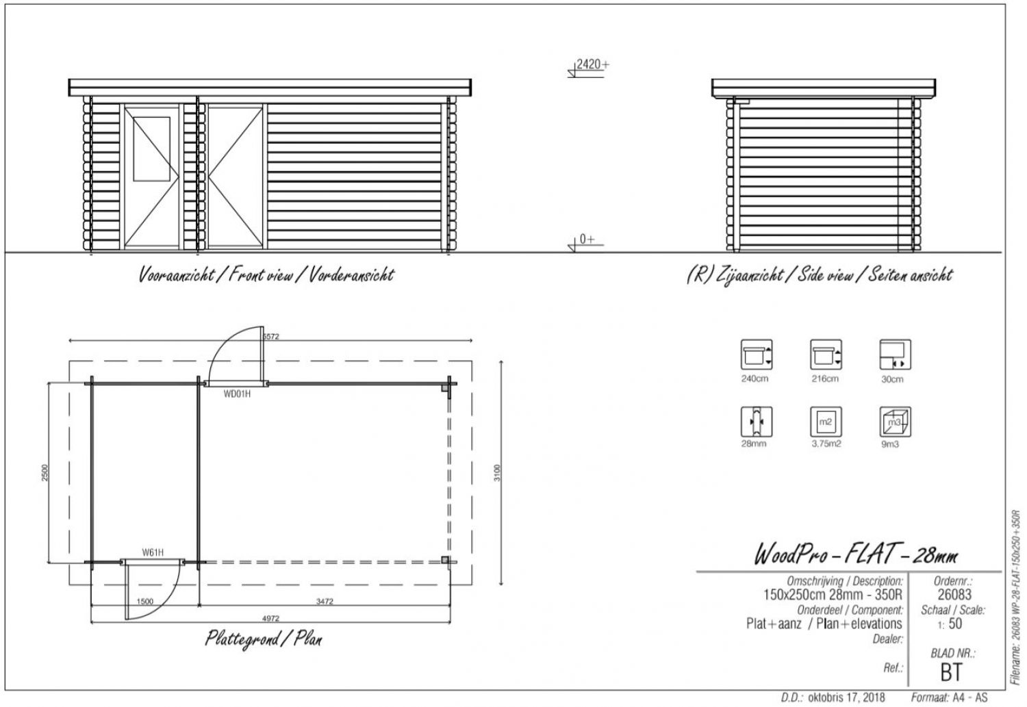 Blokhut/Tuinhuis Zaandam 500x250 cm plattegrond