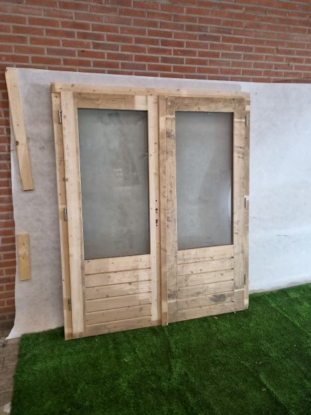 Dubbele vurenhouten blanke deur – met dubbel glas en kozijn (201 x 168 cm) - SALE25063