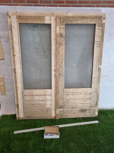 Dubbele vurenhouten blanke deur – met dubbel glas en kozijn (201 x 168 cm) - SALE25063