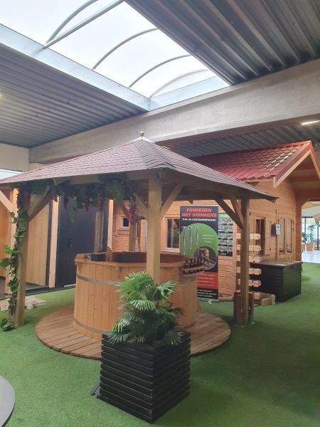 Tuindeco Tourist prieel 340x340 cm vuren groen geïmpregneerd - incl. dakshingles, afdekkap en bol - Showmodel Wommelgem