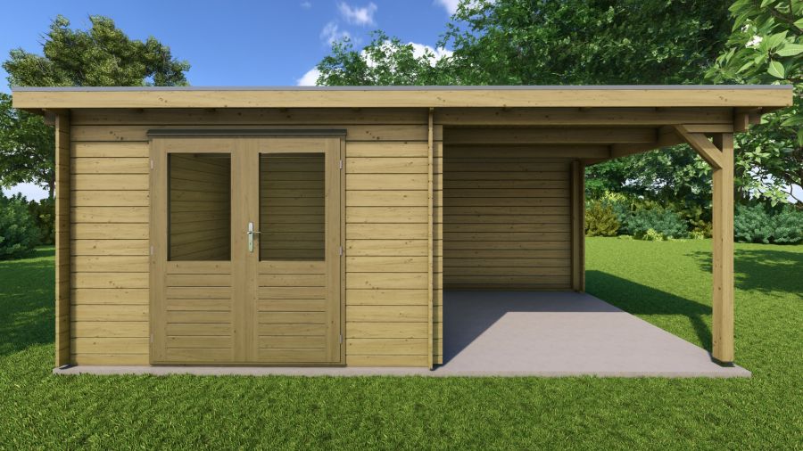 Classicline Blokhut Gelderland 300x250 cm + overkapping 250 cm vuren groen geïmpregneerd