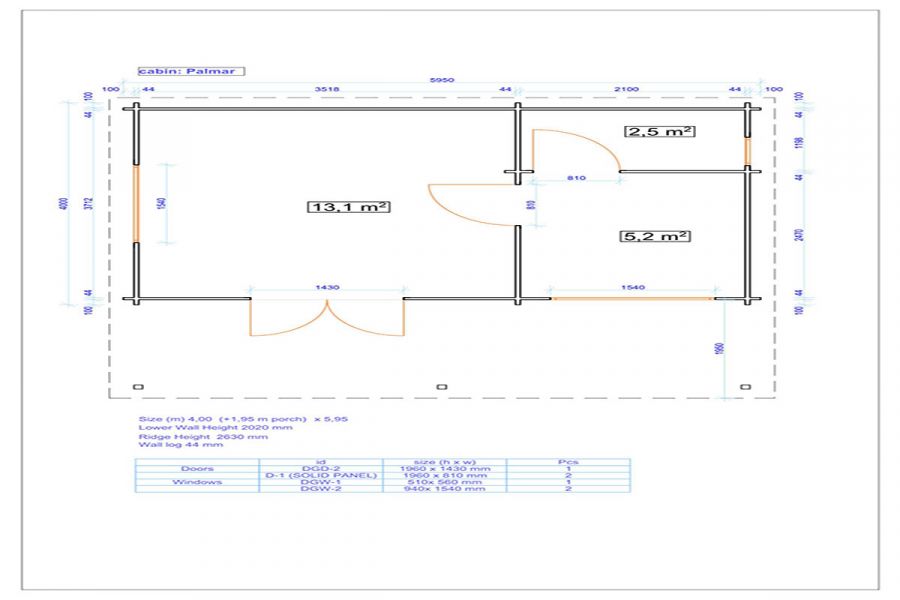 Blokhut Palmar 595x400 cm + 195 cm luifel - Grijs geïmpregneerd