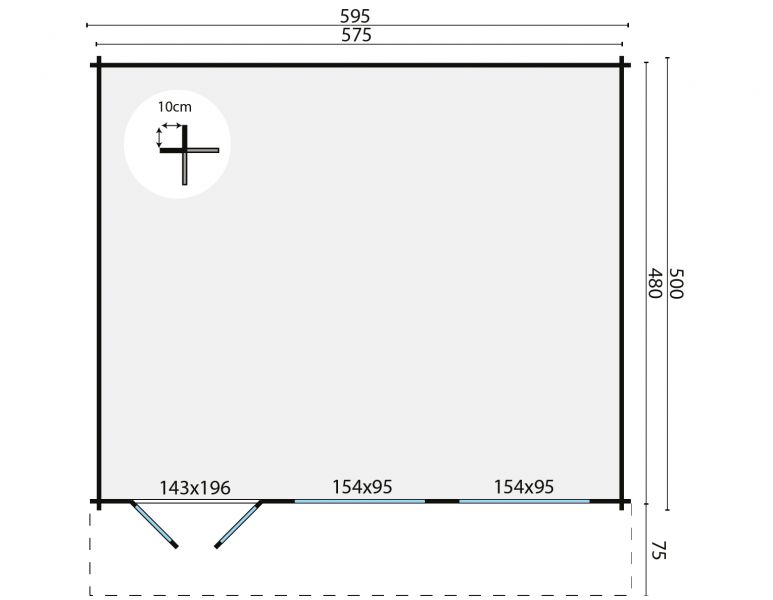 Blokhut Tova 595x500 cm + luifel 75 cm - red class wood geïmpregneerd