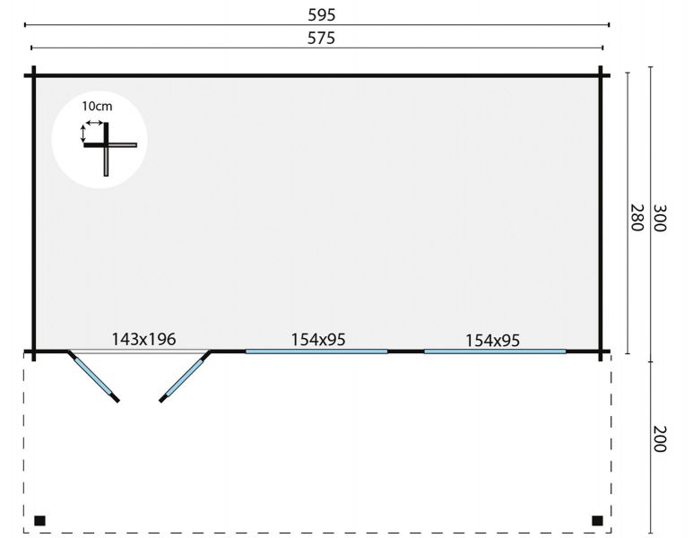 Tuindeco Blokhut Piet 595x300 cm + luifel 200 cm | 45 mm | vuren blank