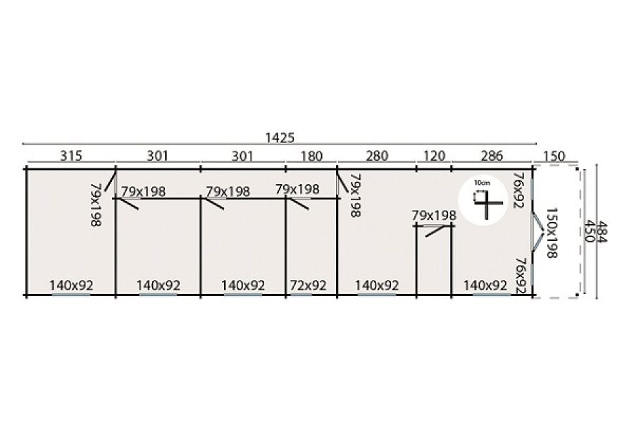 Blokhut Athy 484x1859 cm + voorluifel 150 cm plattegrond