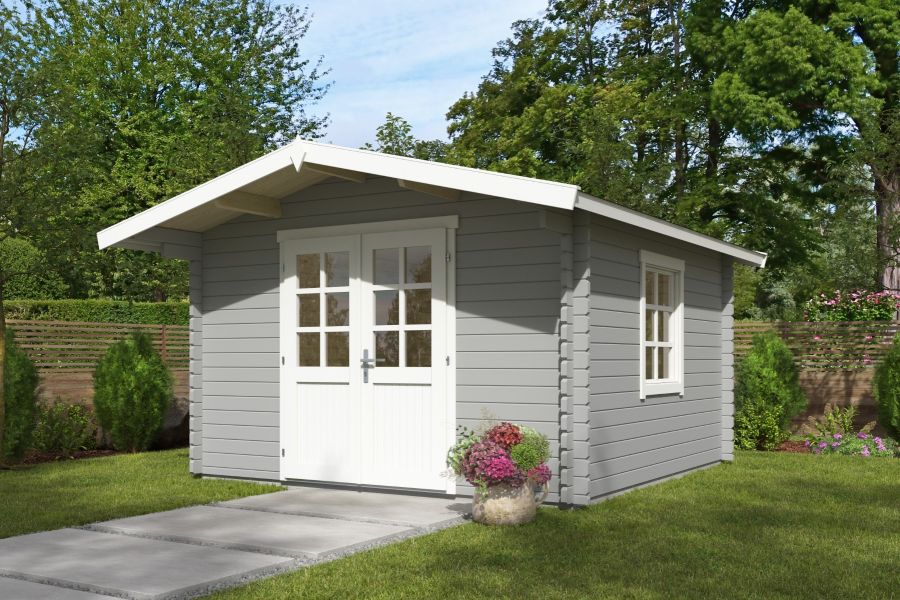 Blokhut Floor 350x350 cm + luifel 70 cm 40 mm vuren lichtgrijs-wit geverfd