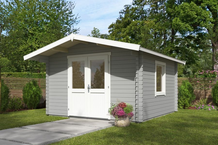 Blokhut Floor 350x350 cm + luifel 70 cm 40 mm vuren lichtgrijs-wit geverfd