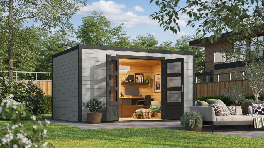 Outdoor Life Quby blokhut 400x300 cm 28 mm vuren lichtgrijs-donkergrijs exterieur gecoat